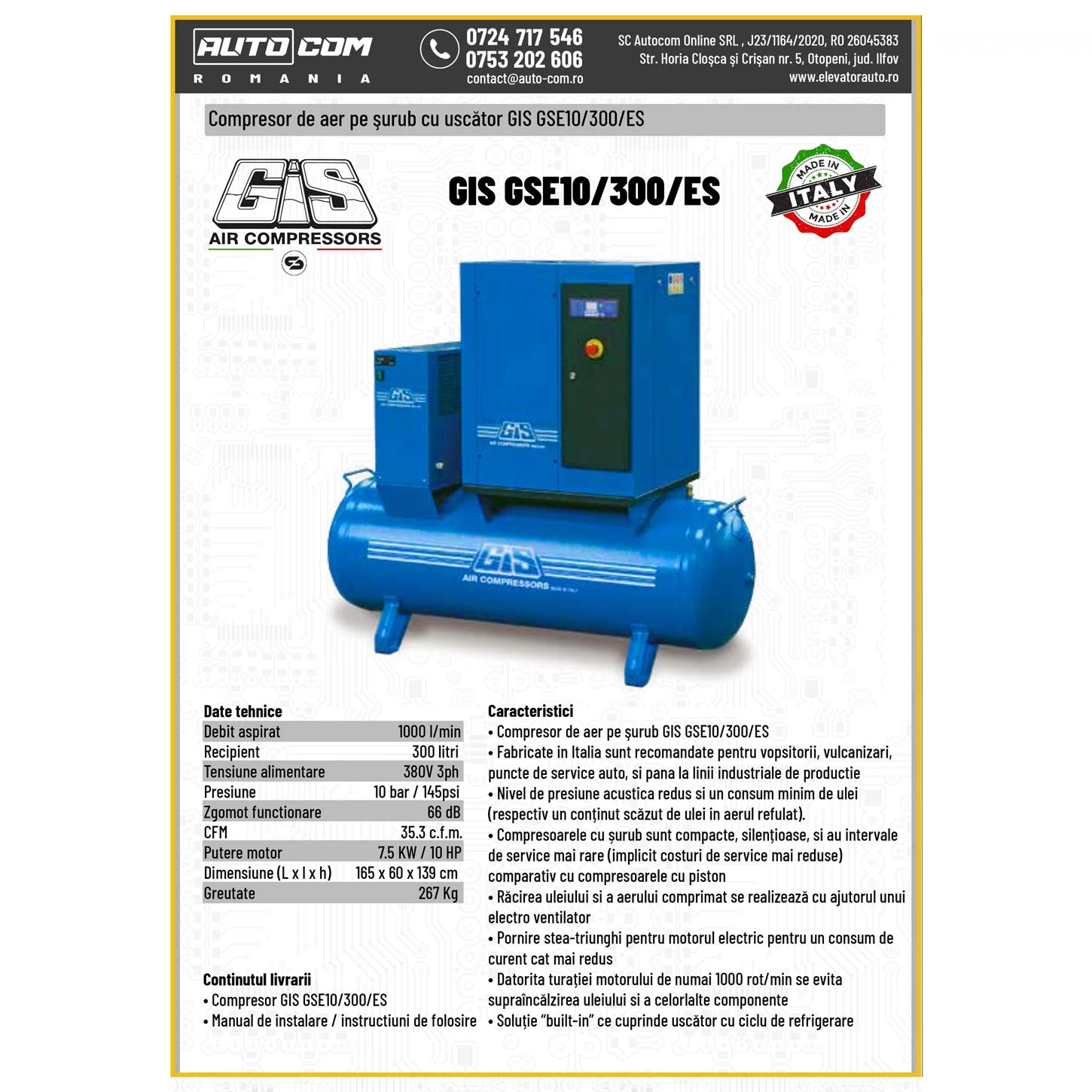 COMPRESOR AER PE SURUB GIS 300 LITRI 380V - 1000L/MIN - (MOD: GSE10/300/ES)