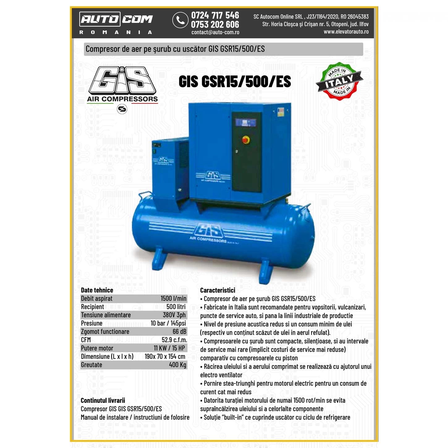 COMPRESOR AER PE SURUB GIS 500 LITRI 380V - 1500L/MIN - (MOD: GSR15/500/ES)