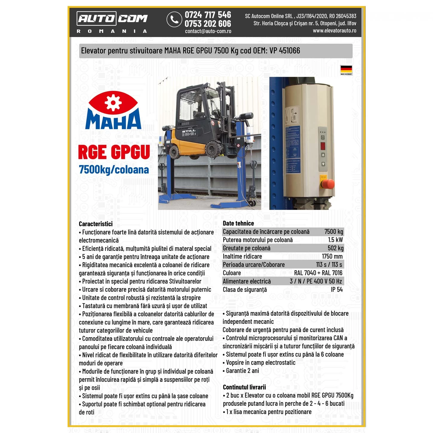 Elevator Stivuitoare MAHA RGE GPGU 7.500 Kg