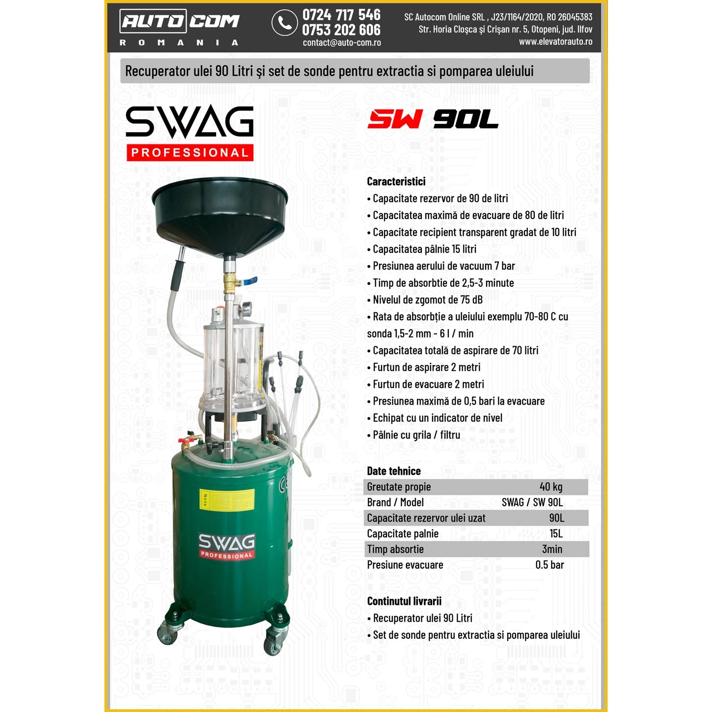 Recuperator ulei SWAG cu sonde pentru extracție și pompare 90L